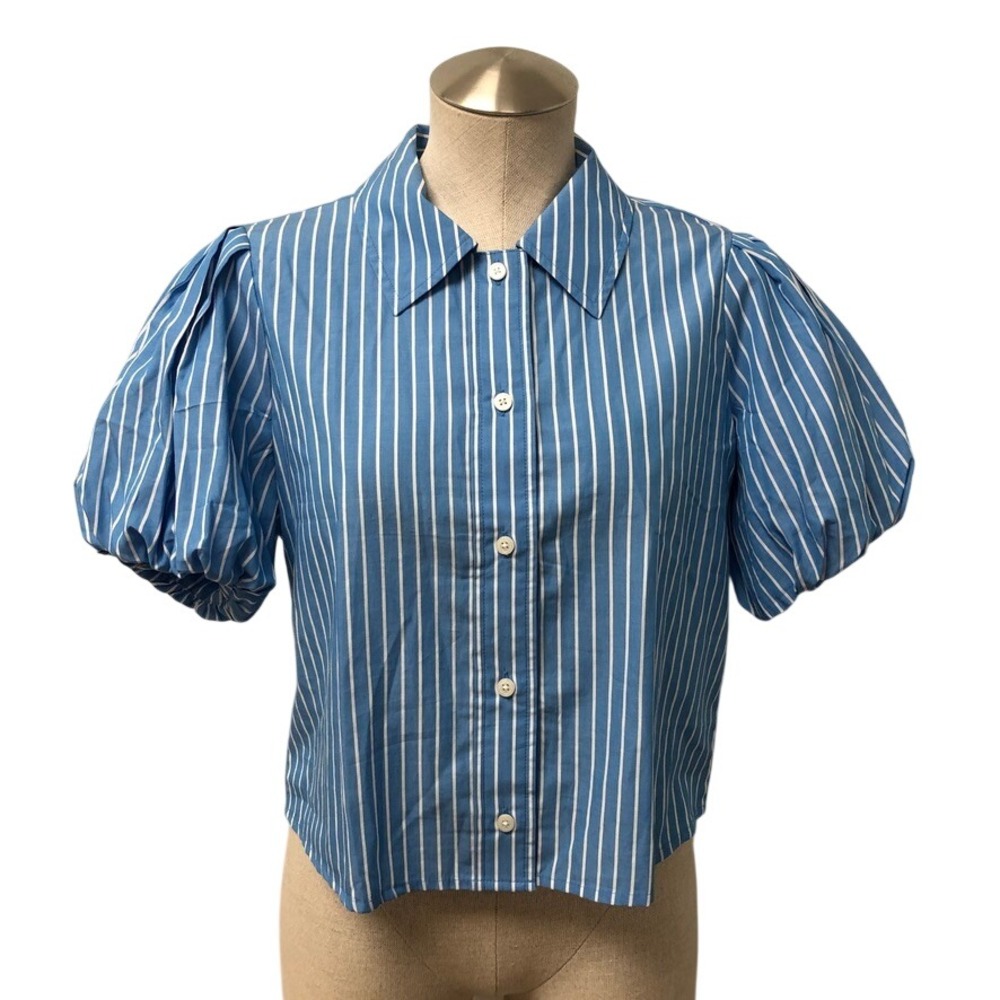 J.Crew Puff Sleeve Shirt Womens 4 Blue White Striped Cropped Cotton Preppy